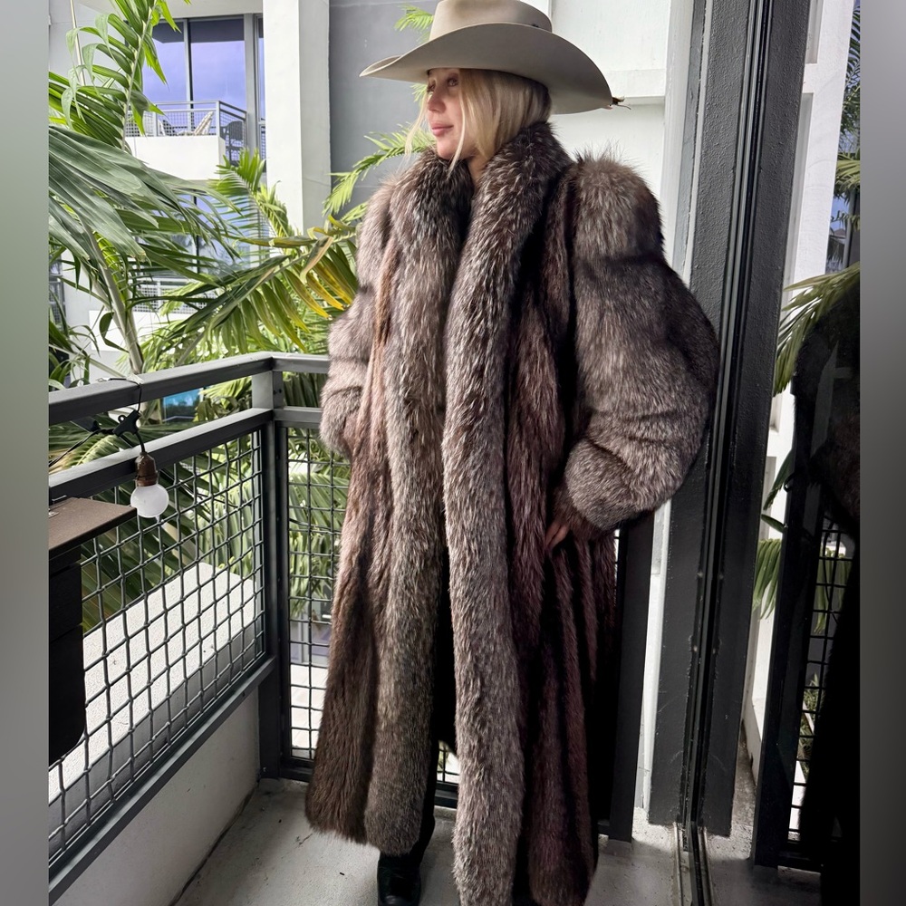 RARE 100% real fur mink and fox full length coat fox details jacket gray brown